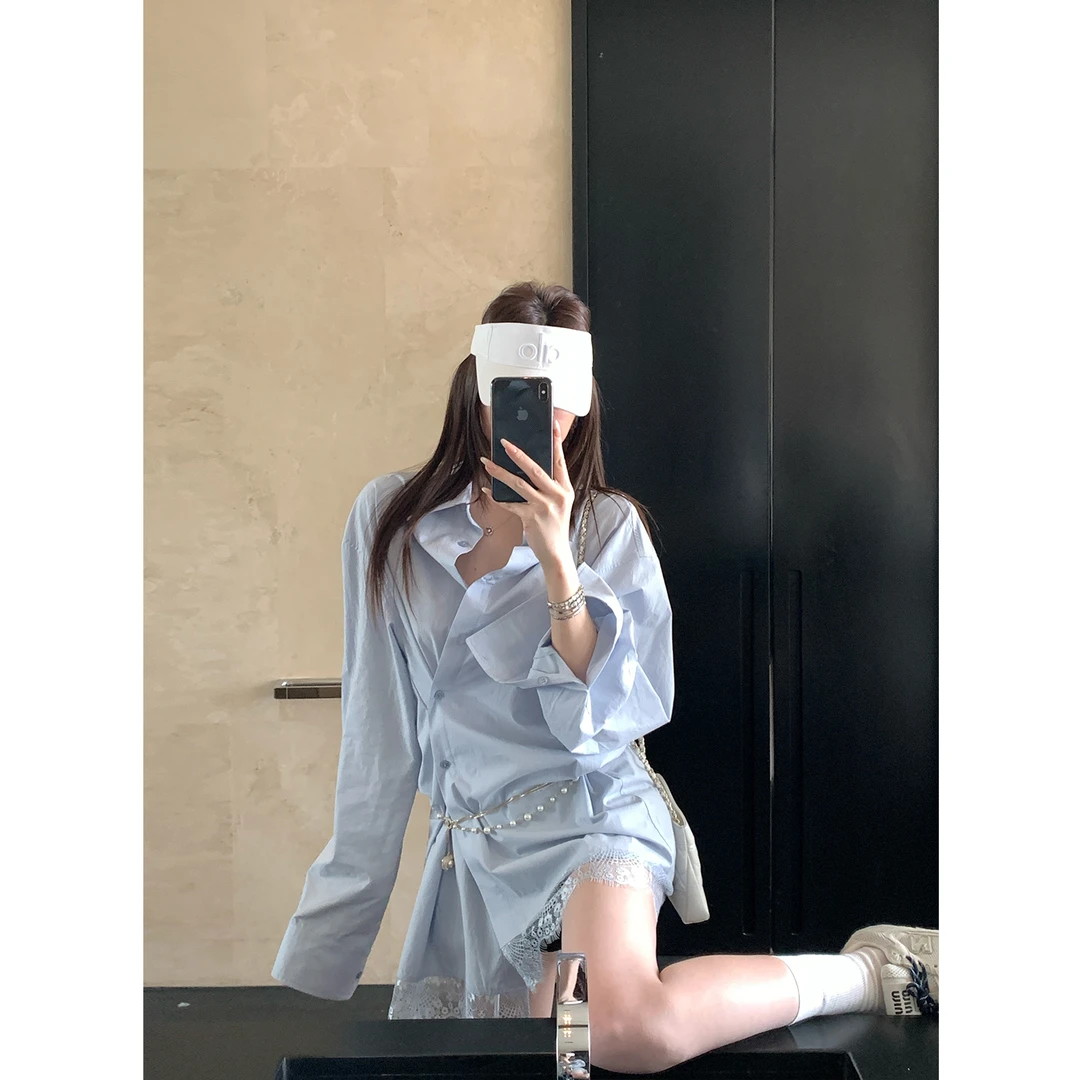 SKKSkk Store 智性轮廓 天丝小众蕾丝宽松斜襟不对称扭褶衬衫女夏