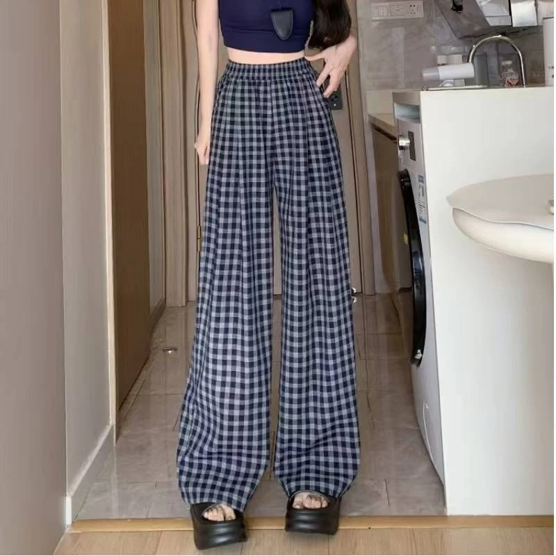 格子裤~超凉快百搭薄款！慵懒风复古格纹直筒松紧腰休闲裤KC215