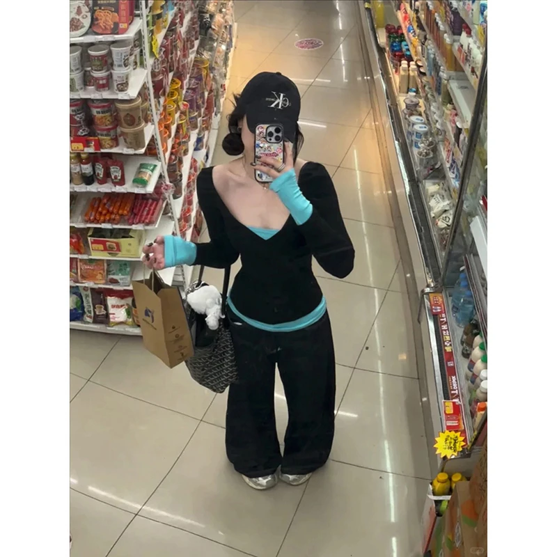 Moses Queen/魔西女王春日亮色系穿搭 假两件收腰T恤女水蓝色长袖