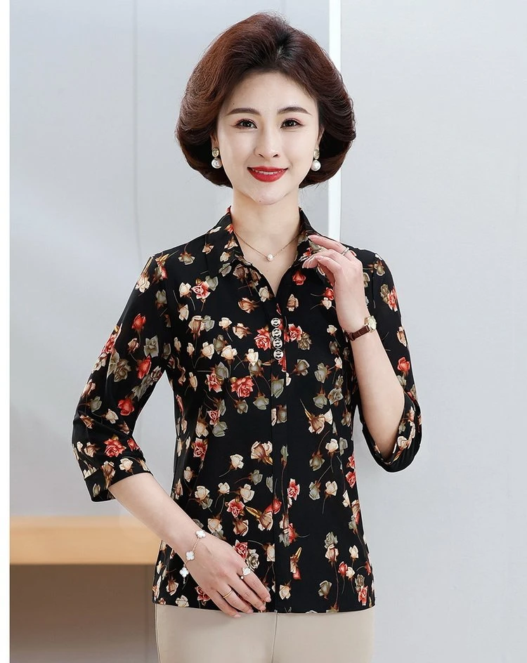 大兰子时尚妈妈装夏季新款衬衫领气薄七分袖百搭款黑底玫瑰花款