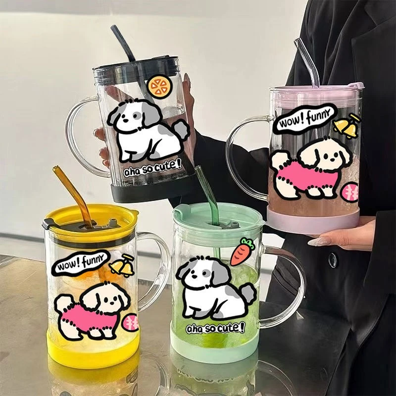 1000ML玻璃杯大容量手拿打工人水杯耐高温喝水吸管杯子女带把手