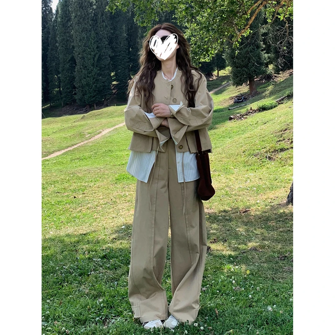 时尚高级感休闲风假两件拼接撞色长袖上衣小西装裤女2025盐系穿搭