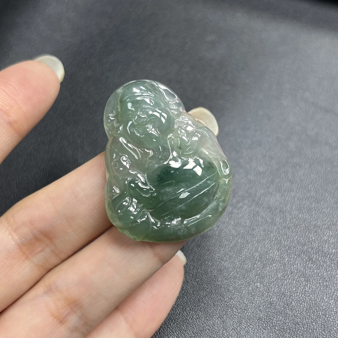 于于珠宝-天然A货缅甸翡翠飘绿财神玉石吊坠37.2×30×6.2