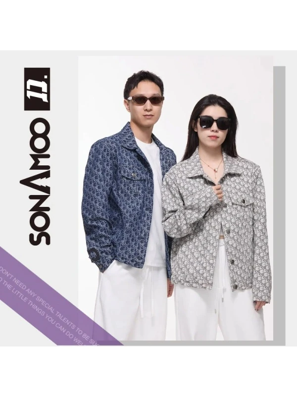 【晓鹿鹿】蓝色D满提花图案洗水男士秋季百搭牛仔外套D18986