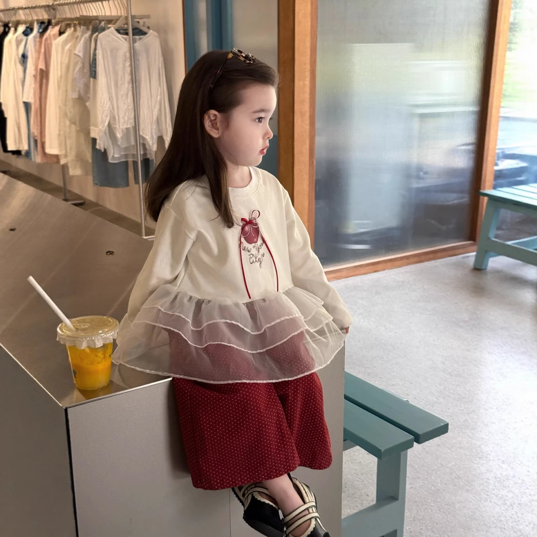 咪小多童装女童套装长袖拼接T恤秋装新款上衣+红色波点休闲裤