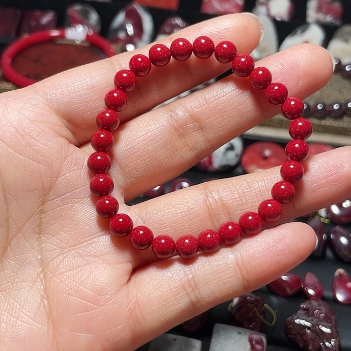 天然辰砂晶粉砂手链6mm