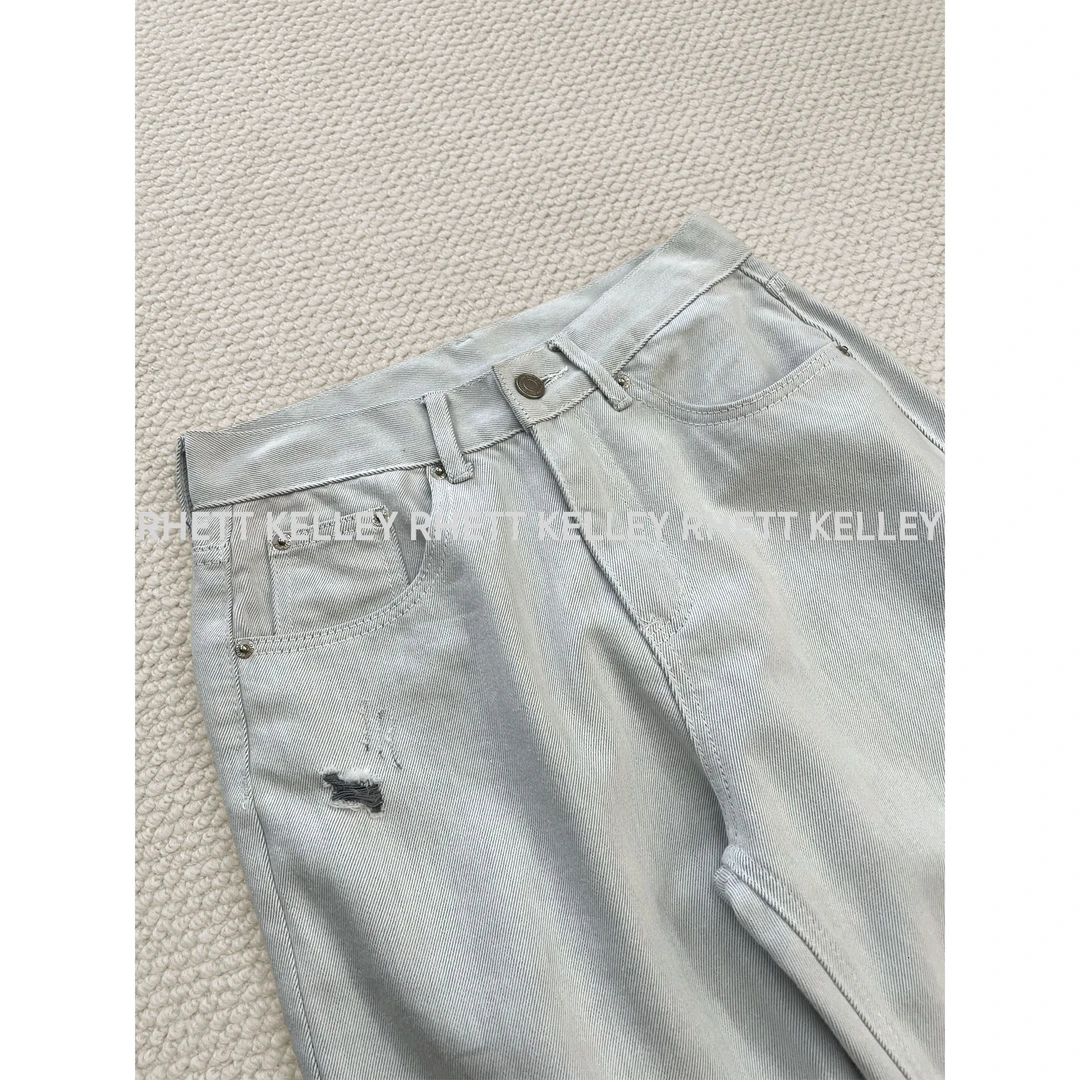 『蓝白牛仔』夏季新品蓝纱破洞割烂牛仔裤男士宽松显瘦显高长裤