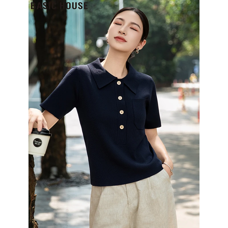 Basic House/百家好法式polo领针织短袖T恤显瘦上衣女士2025夏季