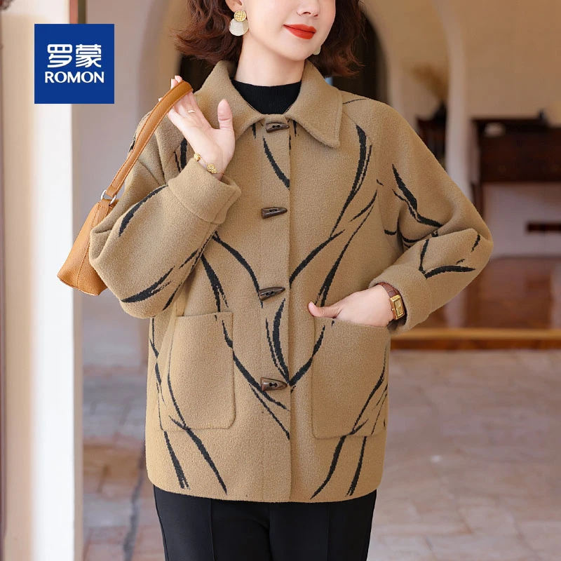 罗蒙50多岁妈妈洋气上衣时尚秋装毛呢外套中老年女装春秋针织开衫