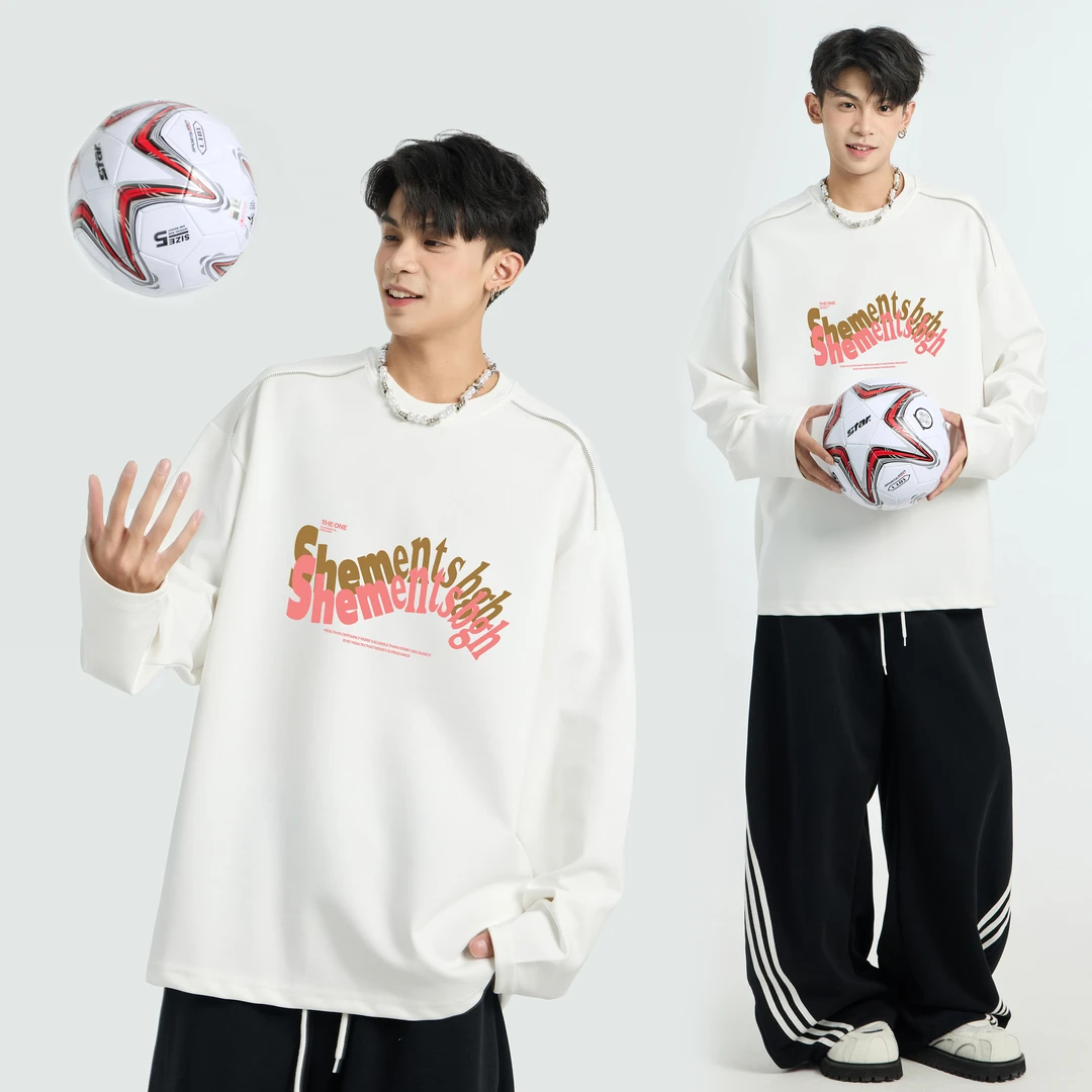 秋冬印花长袖T恤男潮牌宽松打底衫设计感小众青少年休闲圆领上衣