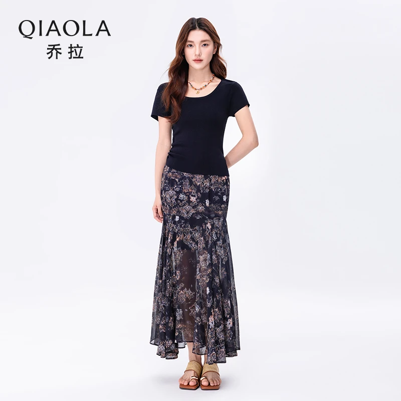 QIAOLA/乔拉【灵感缪斯】夏双曲线短袖印花雪纺半身裙时尚套装