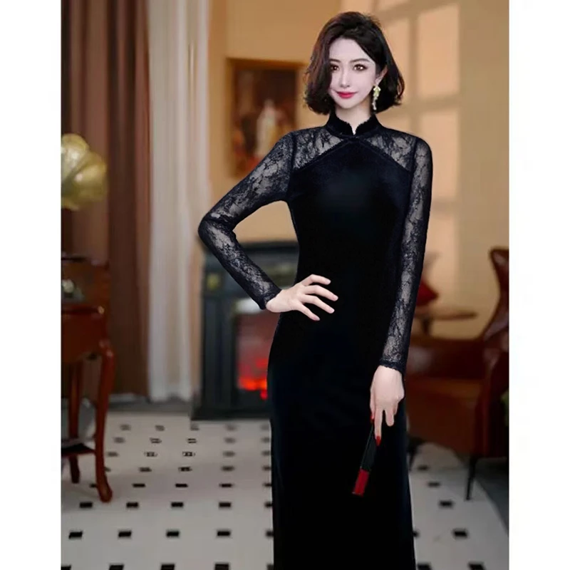 AN【有里布】设计轻奢高定修身气质拼接蕾丝连衣裙TX0134