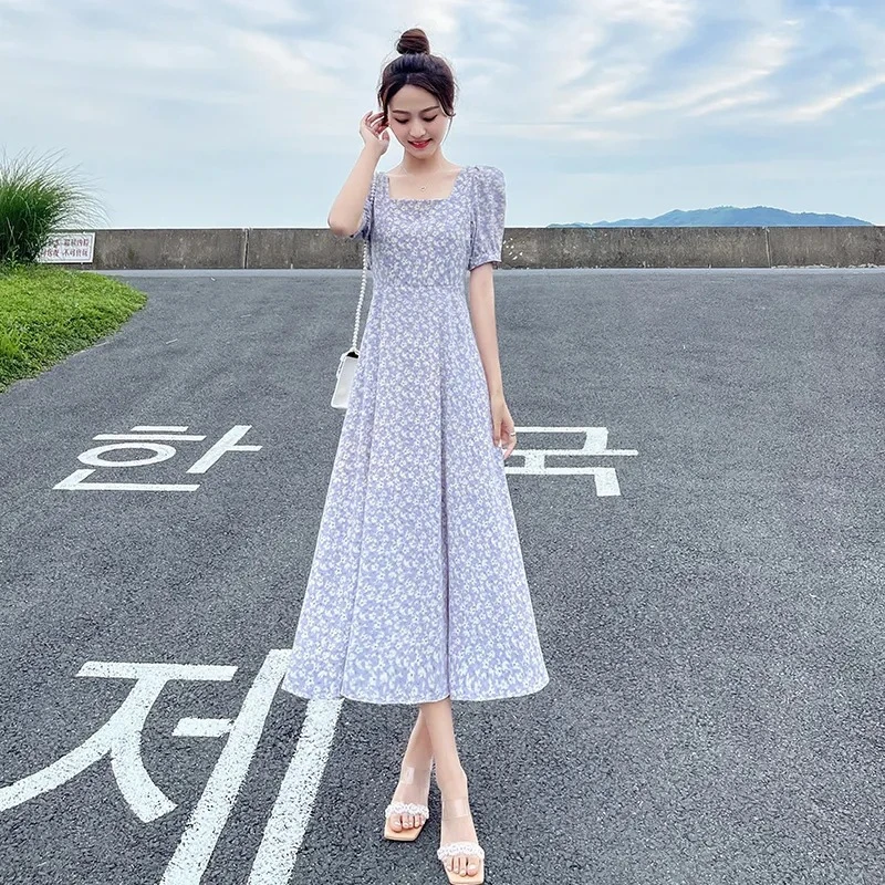 2025新款法式温柔风英伦风显瘦a字裙子长裙过膝碎花连衣裙女夏