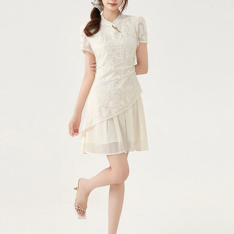 欧若风2025春夏新中式拼接时尚小个子连衣裙刺绣复古优雅百搭短裙