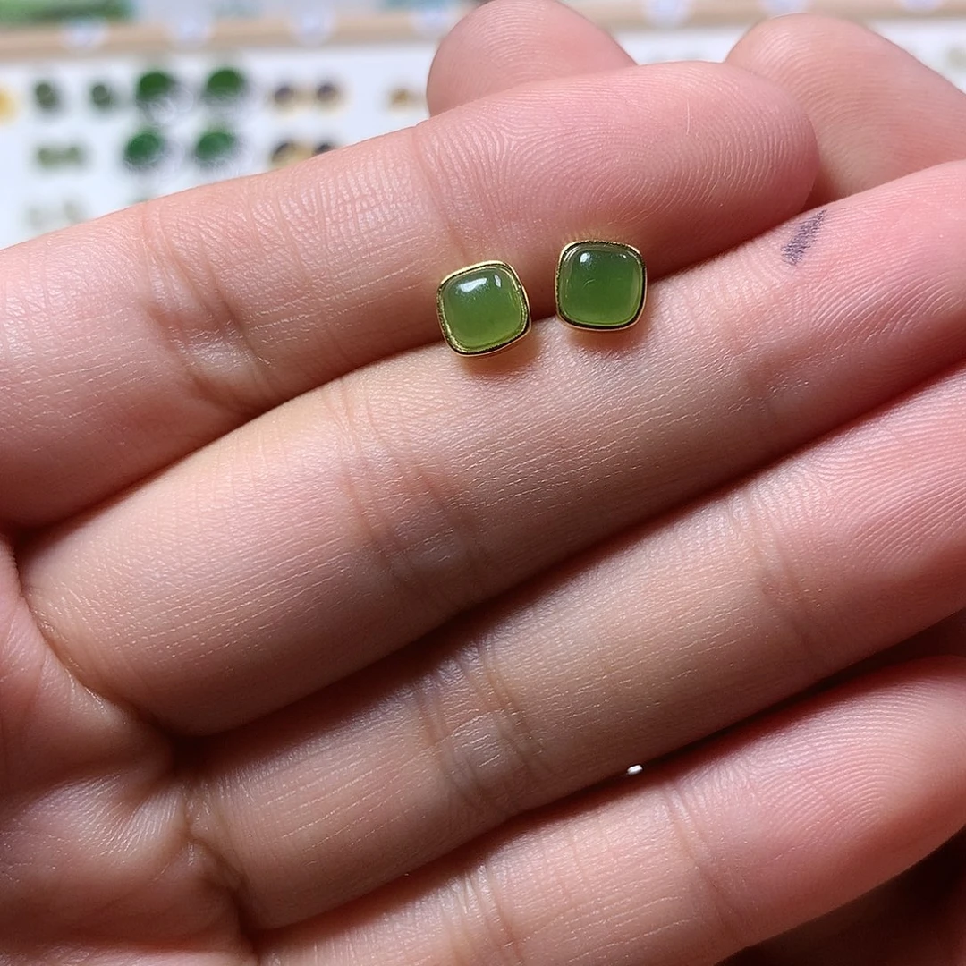 银S925镀金镶嵌和田玉（糖玉）耳饰