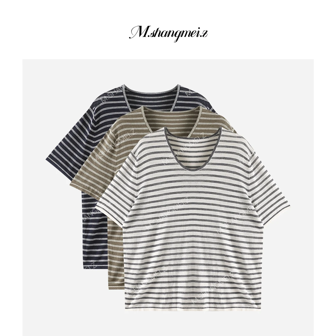 M.SHANGMEI.Z/沐熙【柔织条纹】美大哥经典宽松撞色条纹T恤X072738