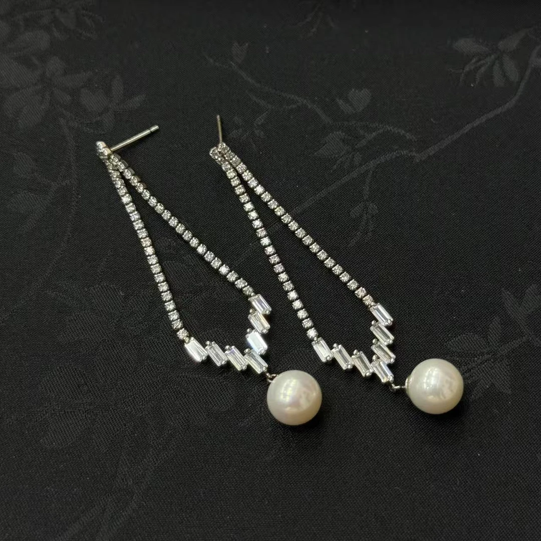 ED076 S925设计感流苏珍珠耳饰8-9mm