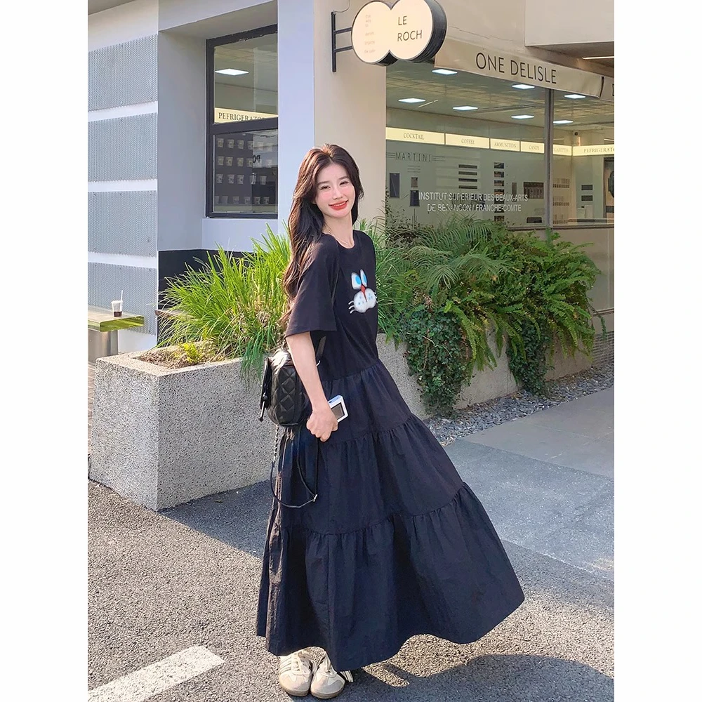 黑色学院风卡减龄通印花连衣裙女夏2025新款长裙巨好看拼接t恤裙