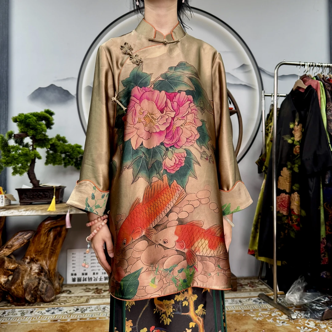 60姆米香槟色牡丹花富婆衫100桑蚕丝香云纱面料中国风