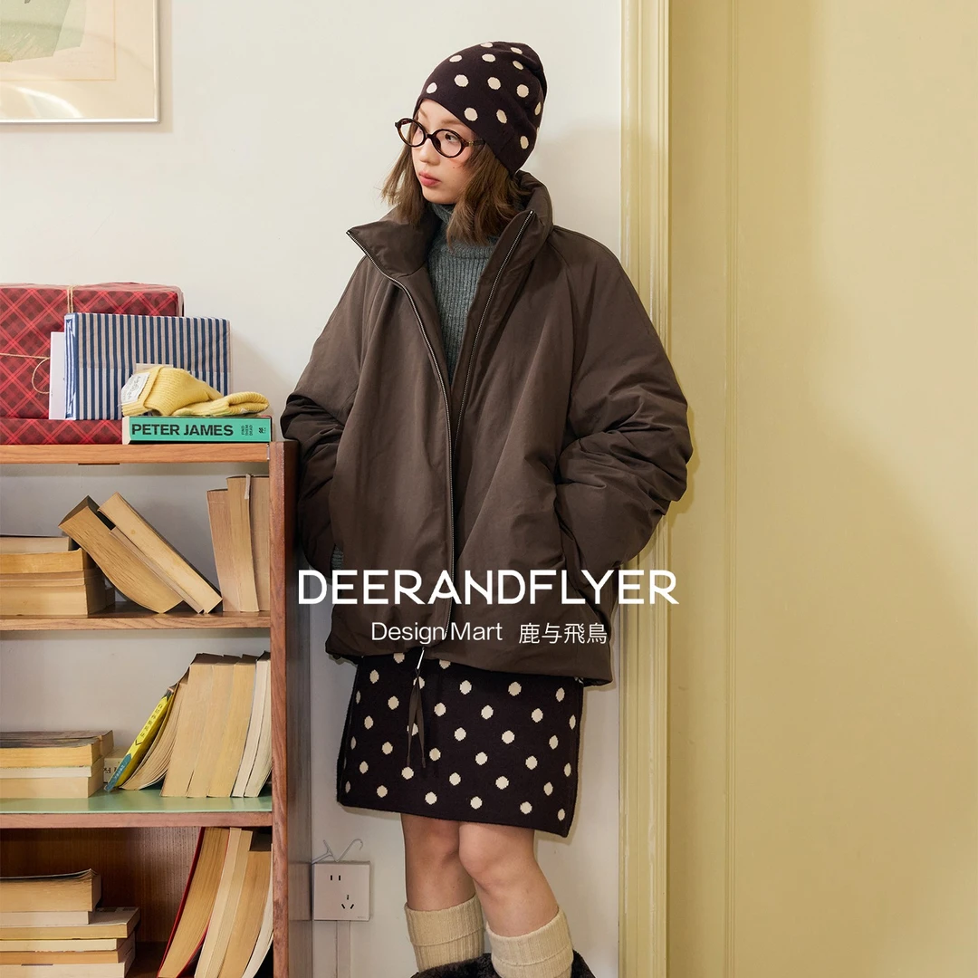 鹿与飞鸟“浓醇可可”内里仿毛100g绗棉两色立领保暖夹克棉服7280