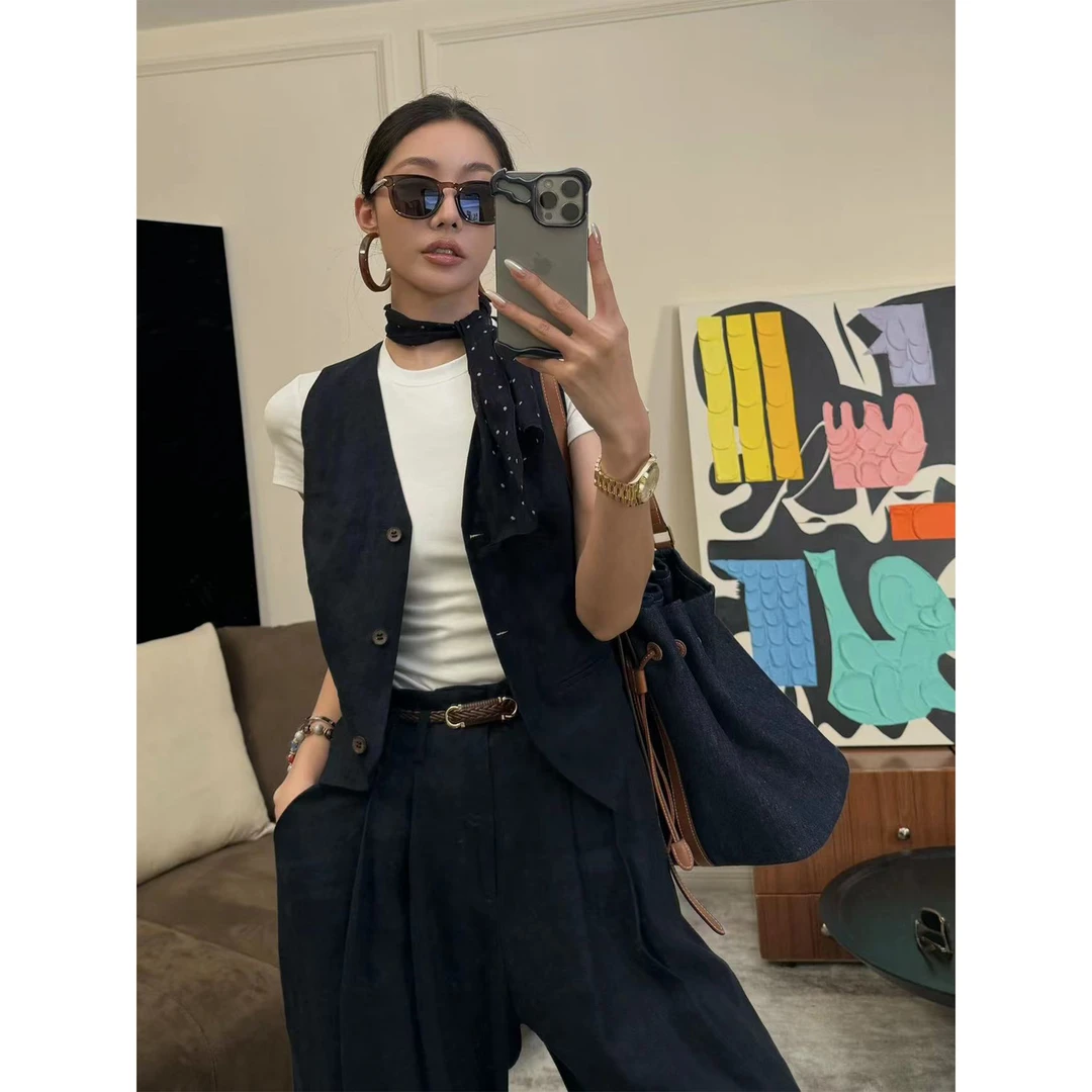 JANGHEMEI【修身V领100亚麻马夹】无袖单排扣上衣 J20355M42