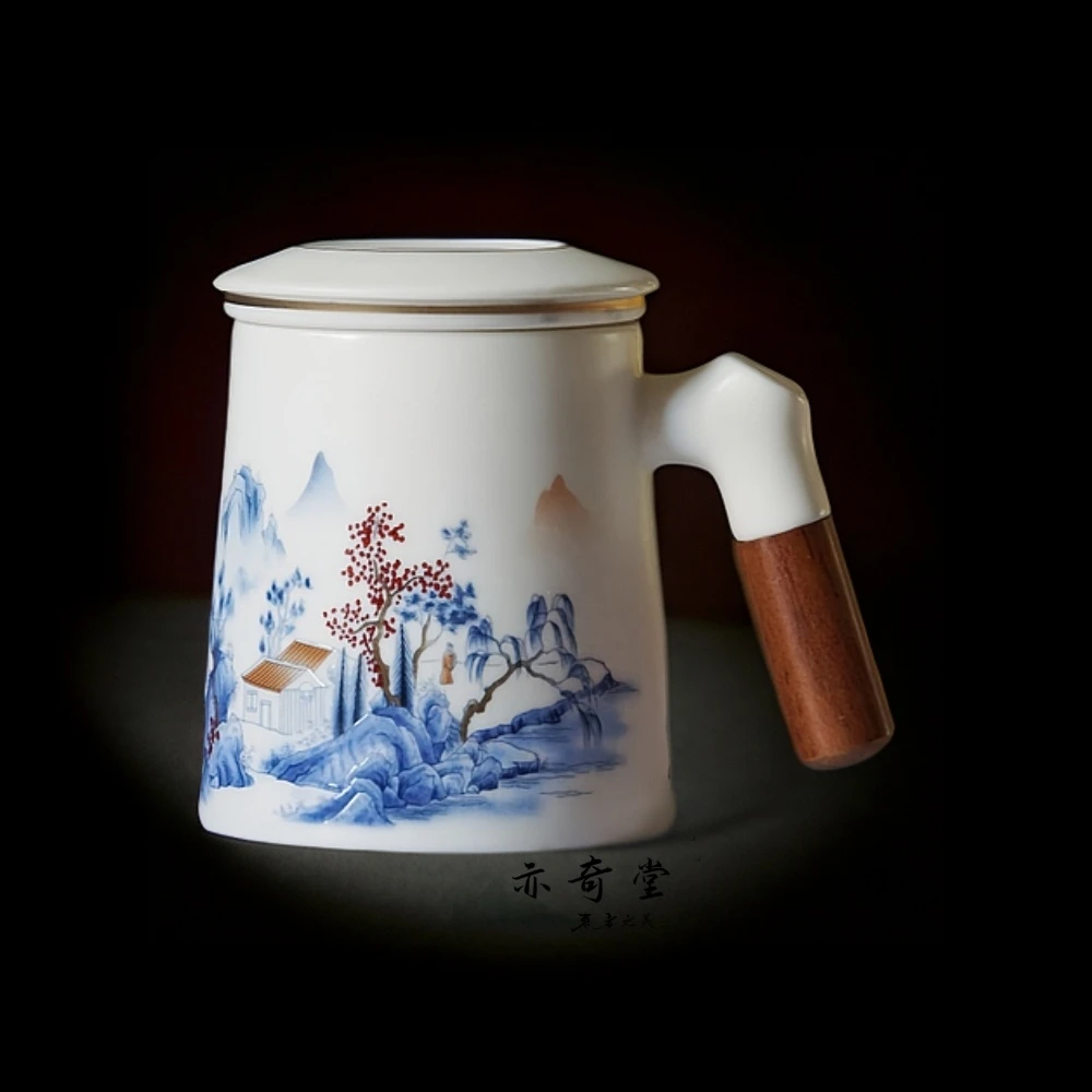 羊脂玉瓷山水雅居蓝彩陶瓷办公杯中式便携茶水分离带过滤礼盒装
