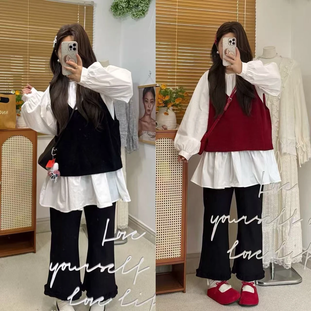 夏秋季大码时尚休闲宽松百搭纯色背心显瘦韩版拼接三件套套装