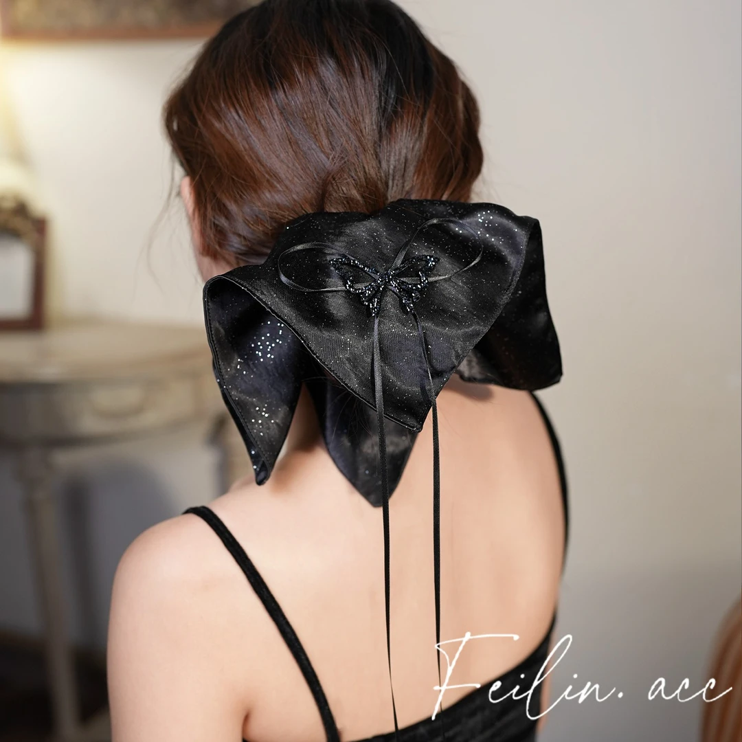 【蝶翎金辉】黑色缎面蝴蝶结流苏方巾发圈高级感丸子头低马尾头花
