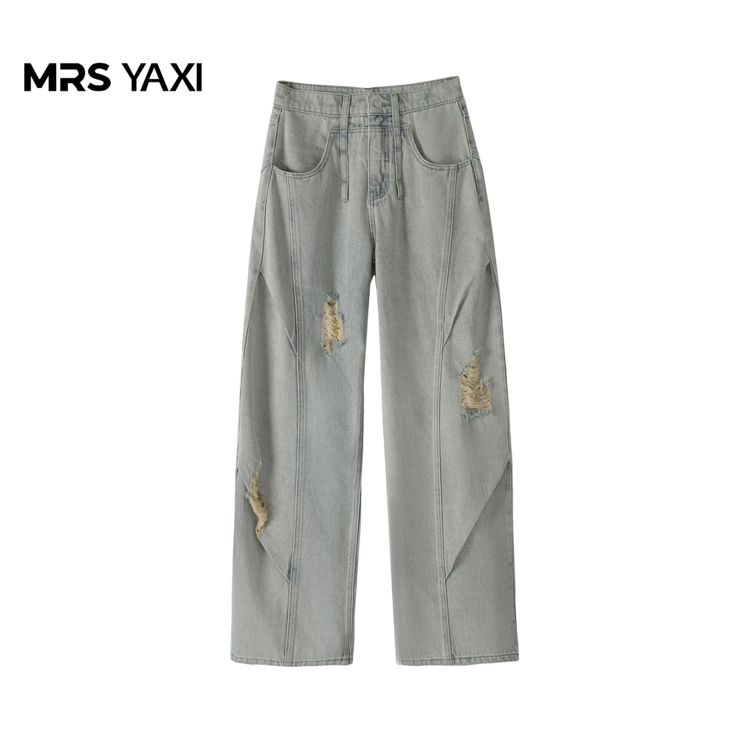 Mrsyaxi高街休闲水洗破洞弯刀牛仔长裤YX5070902