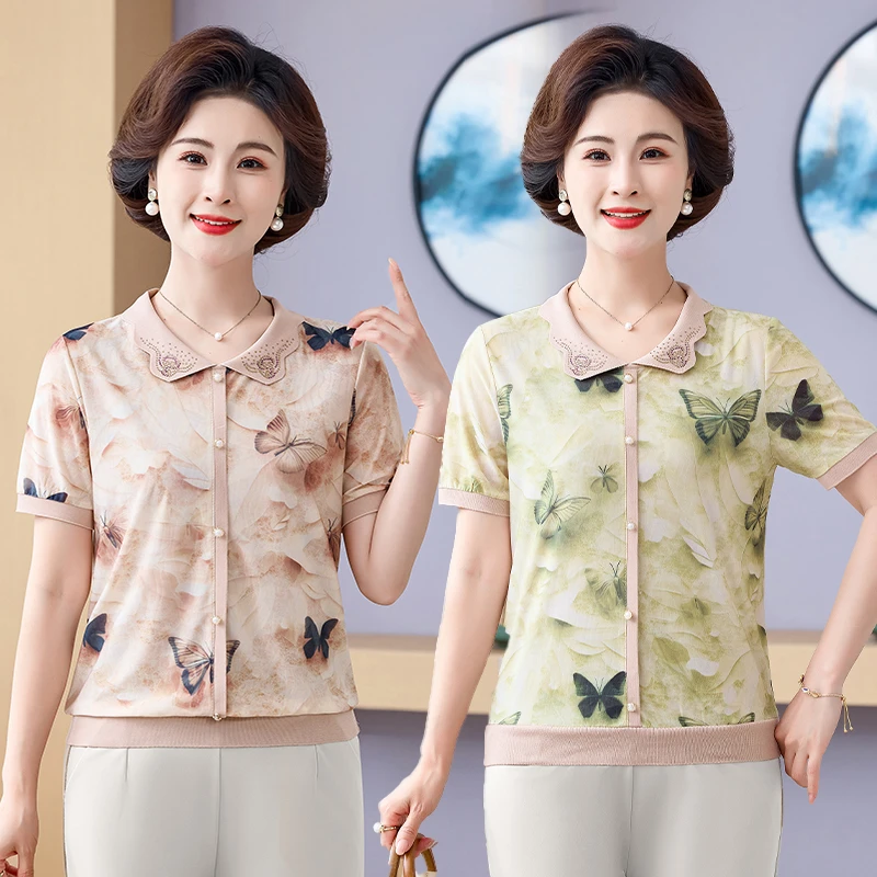 中老年女装小个子奶奶夏季服装妈妈装洋气短袖T恤薄款上衣套装