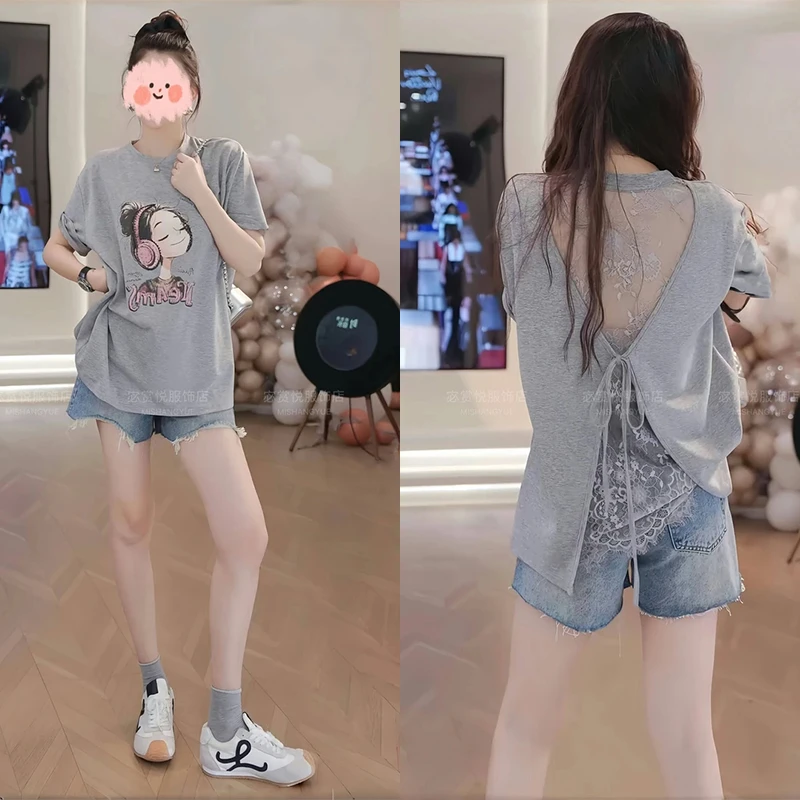 【现货送运费险】蕾丝拼接背后镂空纯棉短袖T恤女小个子百搭上衣服