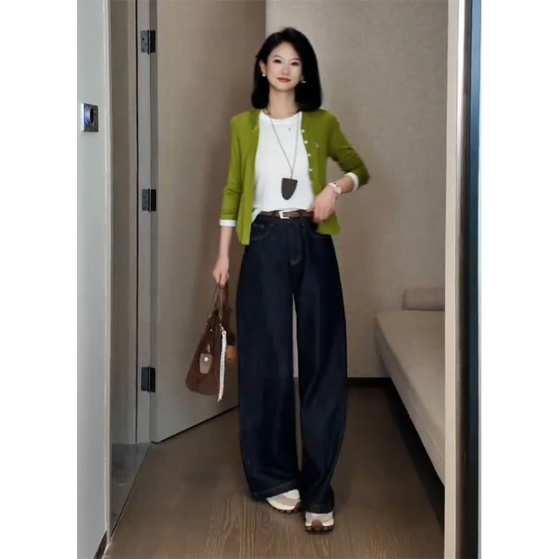 高腰潮流复古直筒牛仔裤子早秋季假两件长袖针织开衫显白显瘦套装