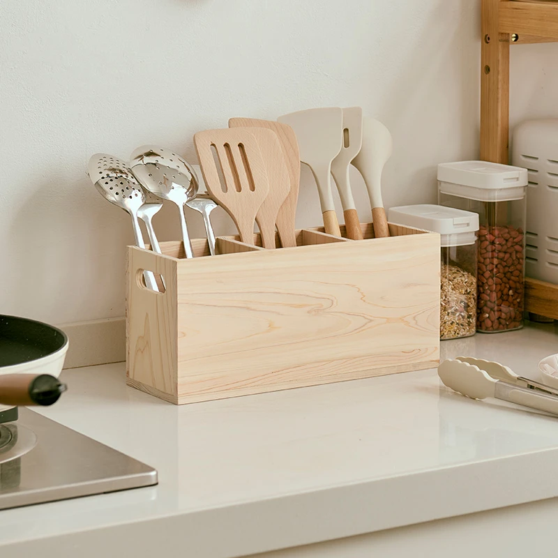 多功能收纳盒日式三格储物盒桧木桌面杂物收纳分格上墙餐具三格架