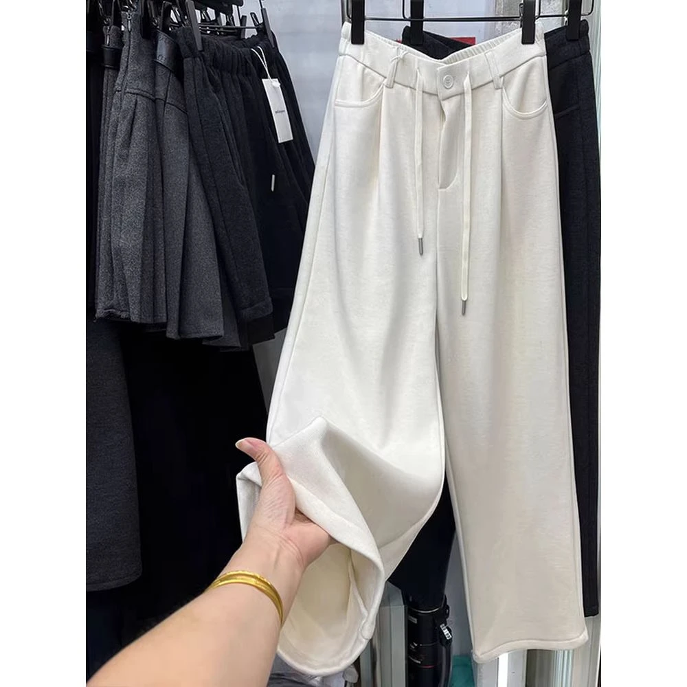 韩系高腰抽绳休闲裤女2025秋冬新款百搭显瘦直筒阔腿裤弯刀长裤子