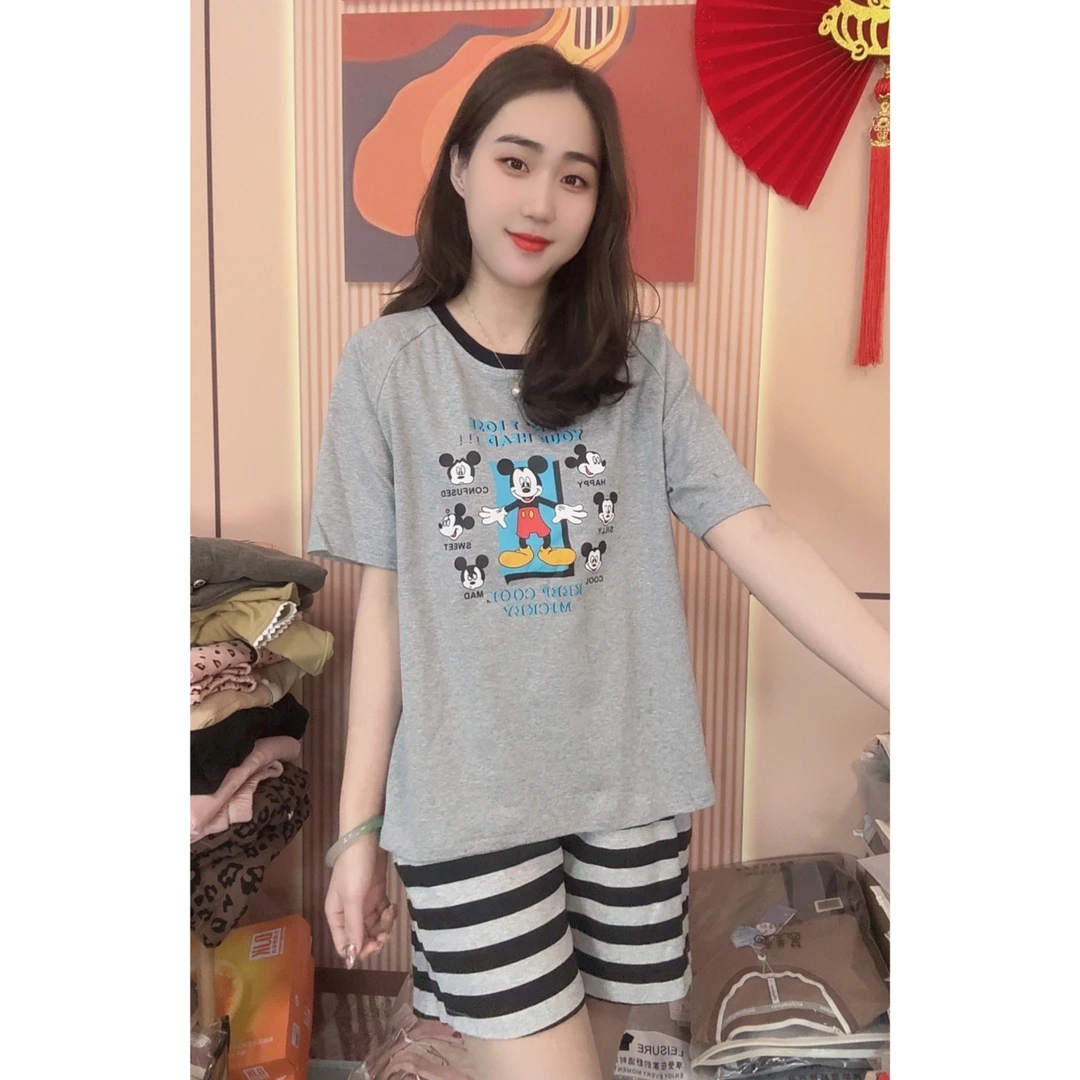 睡衣夏季纯棉新款短袖短裤日系圆领卡通家居服套装（动漫米奇）