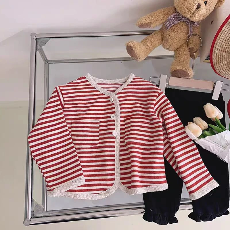22073韩版童装时尚秋季外套女童休闲复古长袖上衣短款条纹开衫