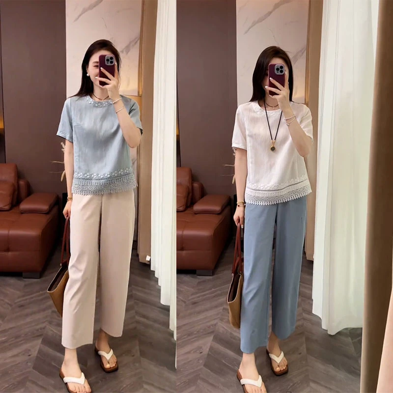韩系夏装宽松显瘦套装设计感花边短袖上衣休闲九分裤简约风两件套