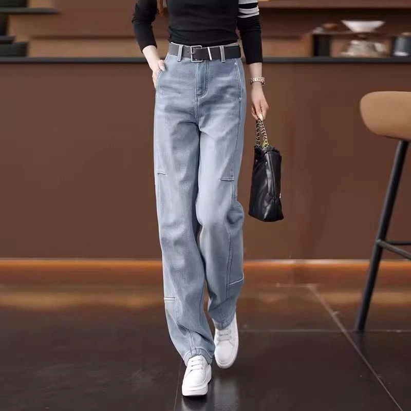 拉夏贝尔 2025春秋阔腿牛仔裤女高腰宽松显瘦拼接弯刀拖地直筒裤