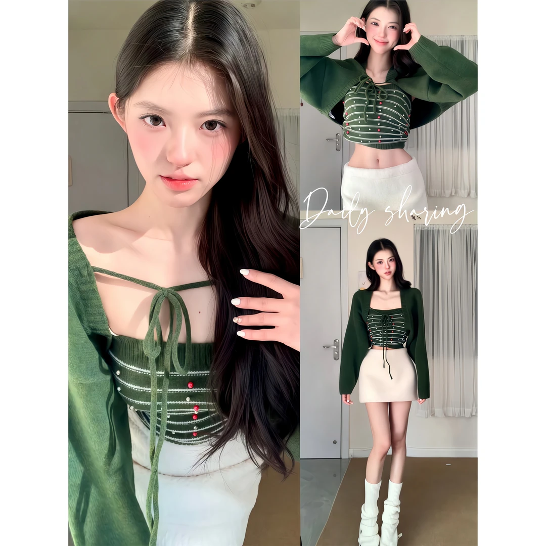 秋冬季圣诞绿色针织开衫毛衣外套抹胸背心上衣半身裙短裙包臀裙女