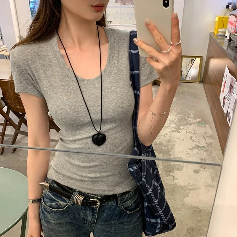 U领短袖T恤女收腰夏季新款百搭修身显瘦甜辣风纯欲掐腰设计感上衣