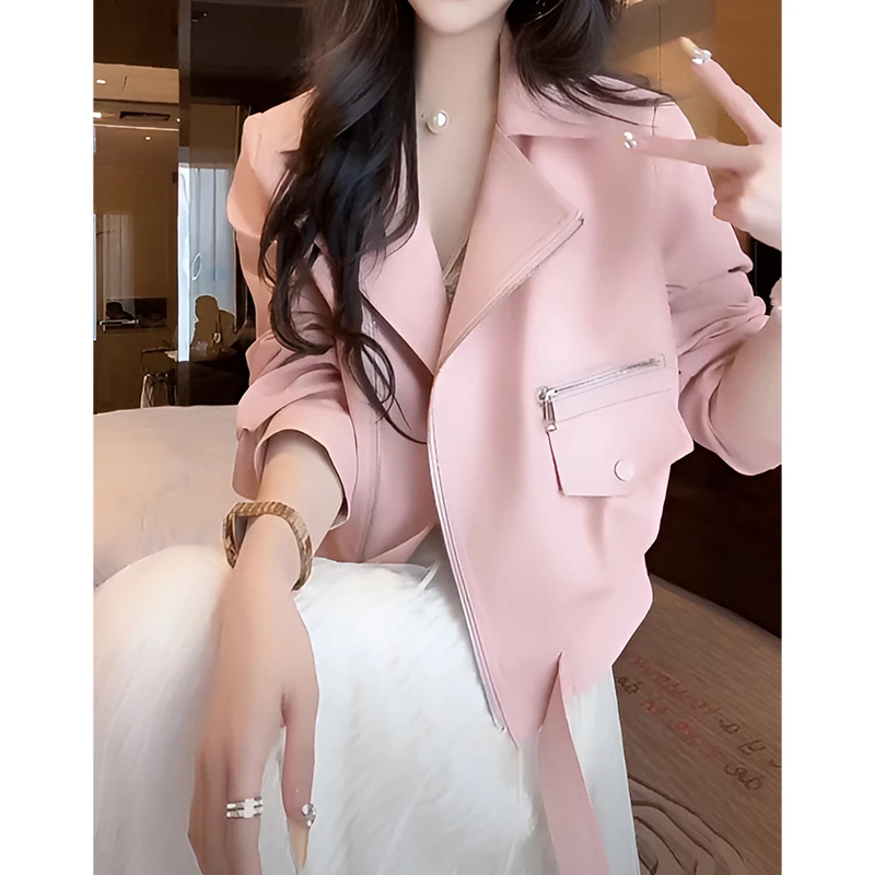 皮衣外套女春秋2025新款韩版宽松百搭小个子短款皮夹克粉色上衣