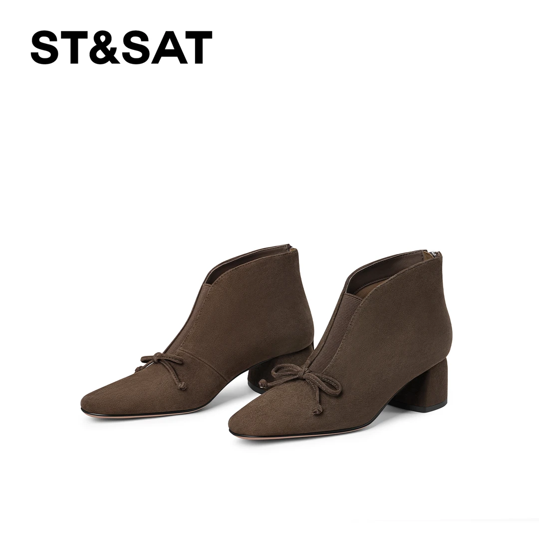 St&Sat/星期六百搭中跟气质时尚短靴秋冬英伦风粗跟尖头时装靴