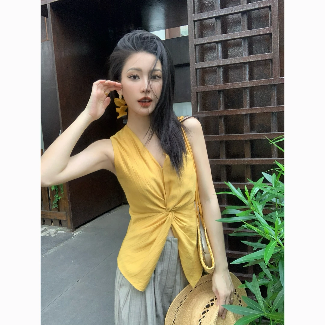 JIJINQI[现货]休闲洋气V领扭结褶皱设计感无袖上衣 JD04SZQM026