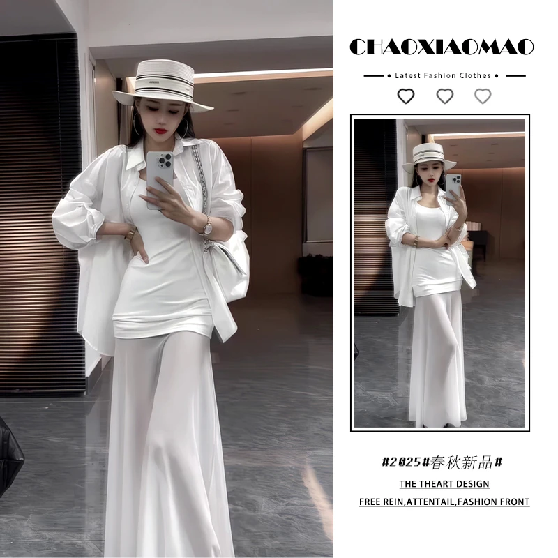 2025年春夏季款韩穿搭套装女宽松温柔慵懒风衬衫吊带连衣裙两件套