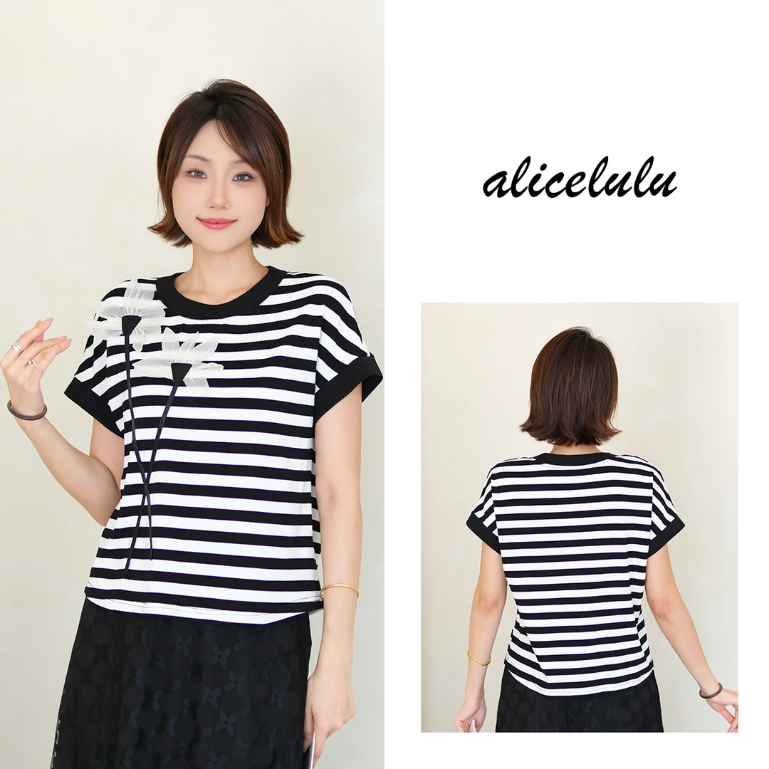 [alicelulu]设计感立体花朵黑白条纹连肩袖T恤S2143865L