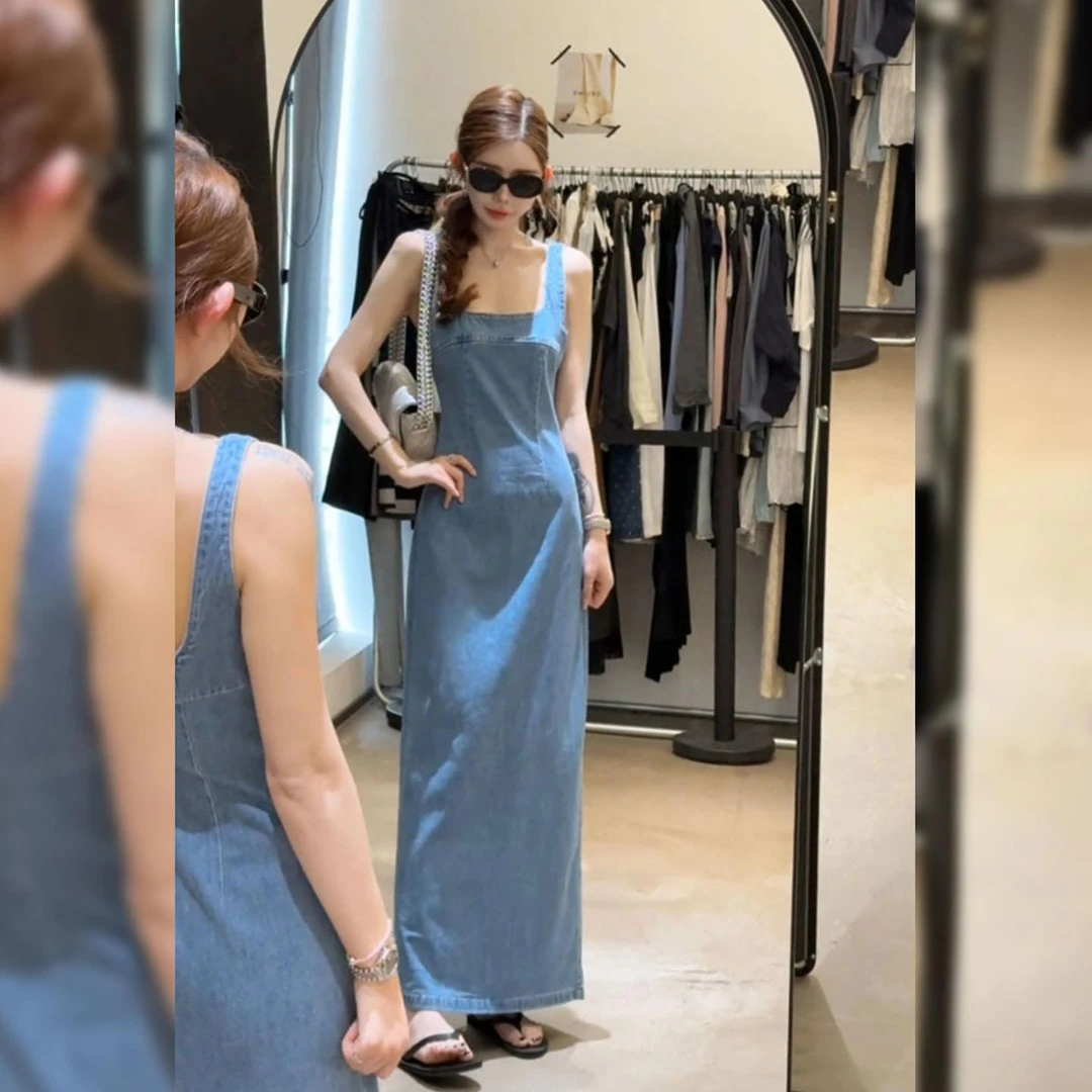 【 夏日欧若拉】 蓝色长款牛仔裙法式宽松收腰无袖宽松连衣裙女夏季