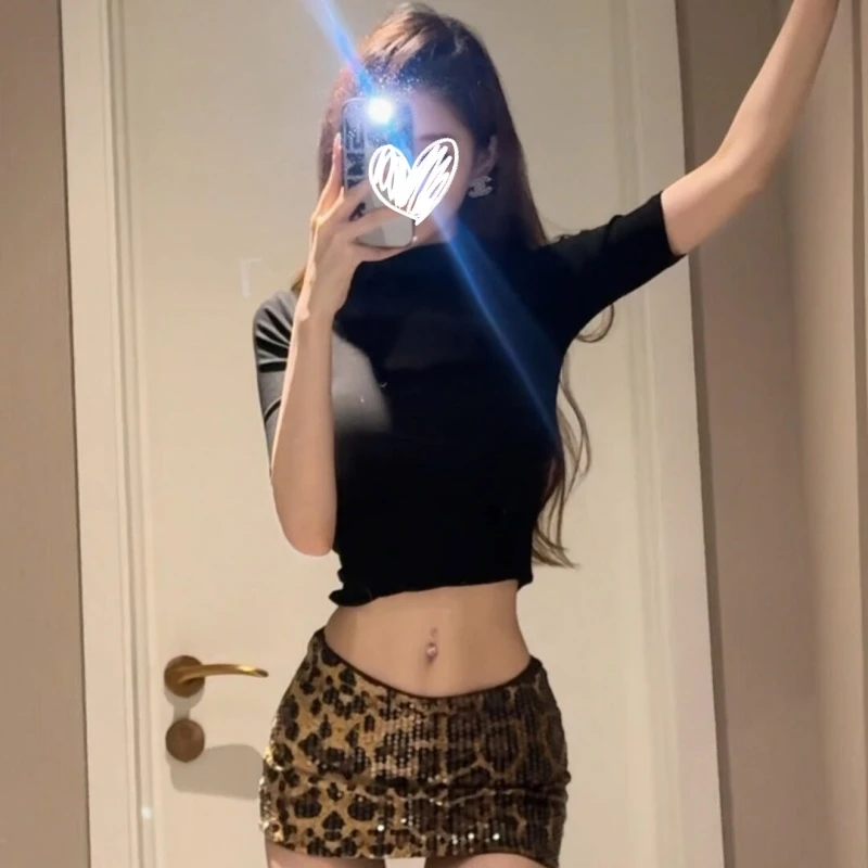 艺等新款半高领中袖纯色T恤2025年美式修身显瘦短袖紧身女上衣潮