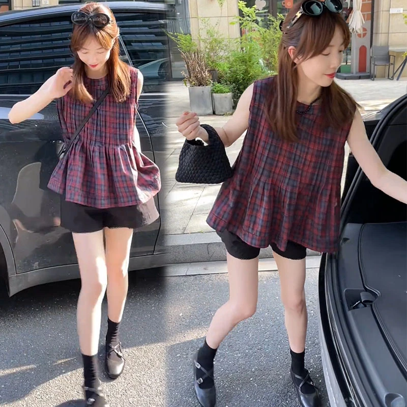 撞色格子设计无袖衬衫纯色短裤套装2025夏季洋气新款小个子两件套