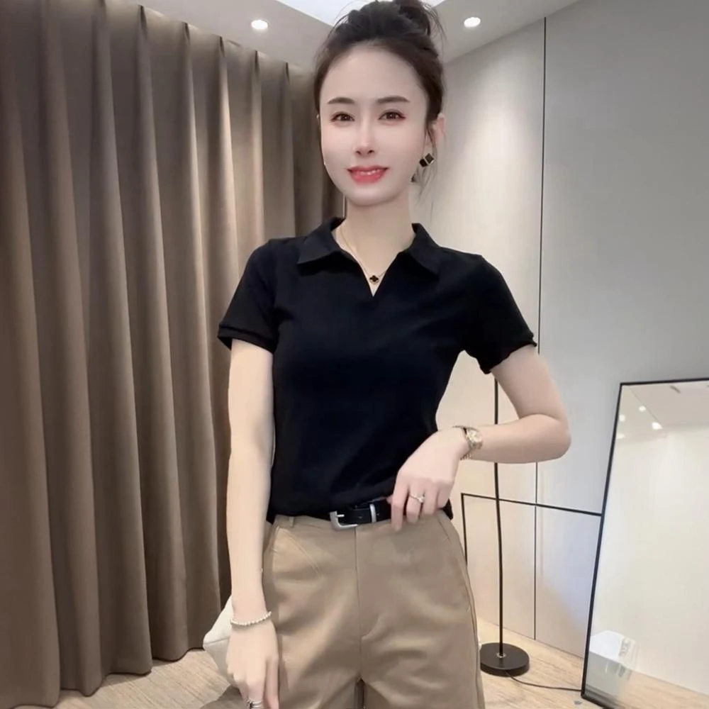 欧货polo领短袖正肩t恤女夏季2025新款简约百搭修身显瘦别致上衣