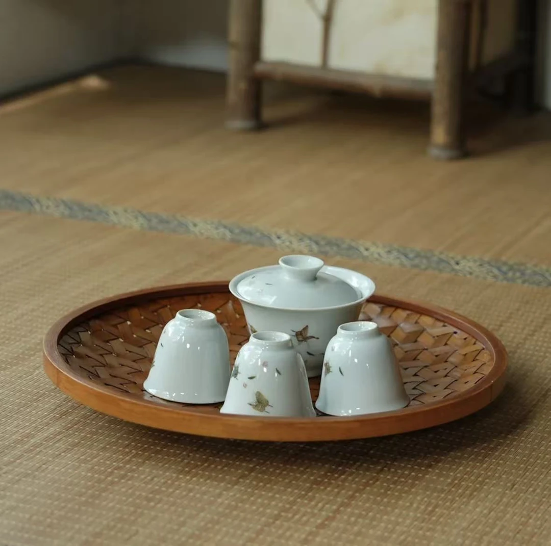 大漆收纳篮龟甲编织茶具家用果盘